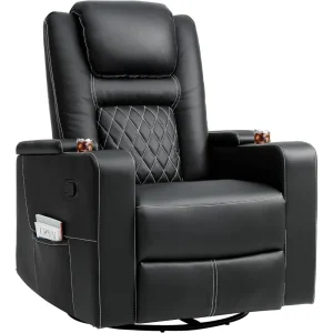 Swivel Rocking Recliner with Massage and Heat, Hidden Arm Storage, Faux Leather Rocker Recliner Chairs with Cup Holders, Comfy