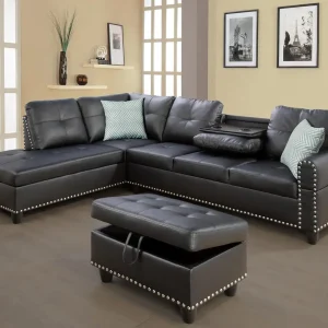 Sectional Sofa Couch, Modern 4-Seaters Living Room Furniture Sets with Chaise Lounge, Ottoman & 2 Pillows | L Shape Couch